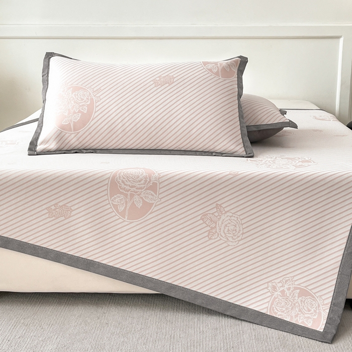 91家纺网 家纺一手货源 找家纺 子曰 2025新款高定版A类PE聚乙烯凉感凉席提花凉席床笠 玫瑰-粉【平铺款】