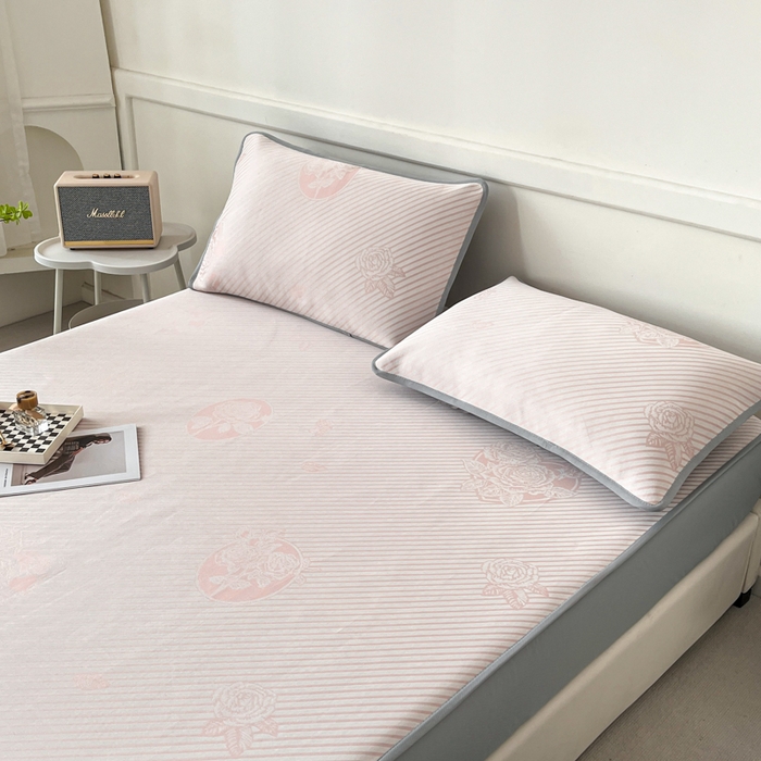 91家纺网 家纺一手货源 找家纺 子曰 2025新款高定版A类PE聚乙烯凉感凉席提花凉席床笠 玫瑰-粉