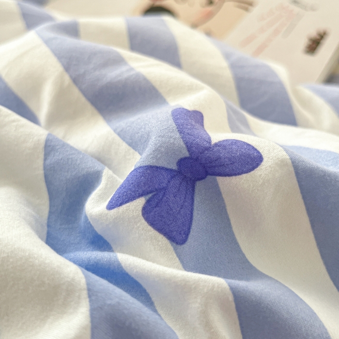 91家纺网 家纺一手货源 找家纺 2025水洗棉花边四件套_9067 蝴蝶结-条纹海蓝