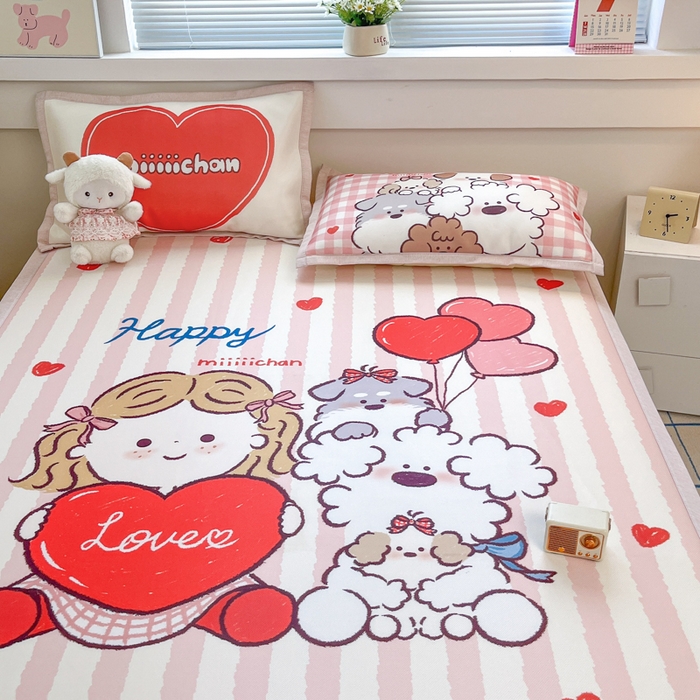 91家纺网 家纺一手货源 找家纺 博雅 2025新款miiiiichan正版权A类大版数码印花1200D冰丝凉席席子 可爱莉莉