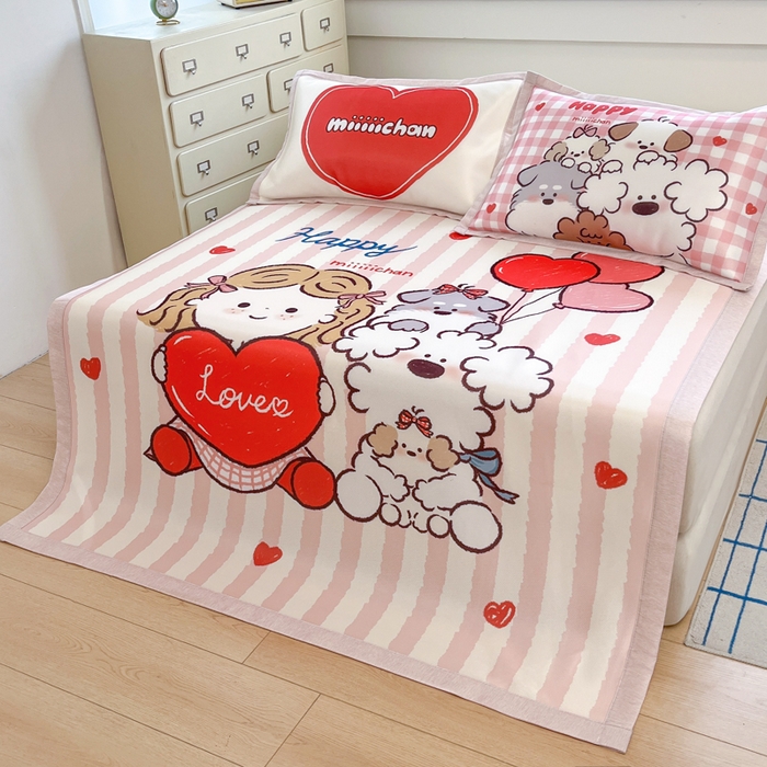 91家纺网 家纺一手货源 找家纺 博雅 2025新款miiiiichan正版权A类大版数码印花1200D冰丝凉席席子 可爱莉莉