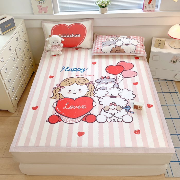 91家纺网 家纺一手货源 找家纺 博雅 2025新款miiiiichan正版权A类大版数码印花1200D冰丝凉席席子 可爱莉莉