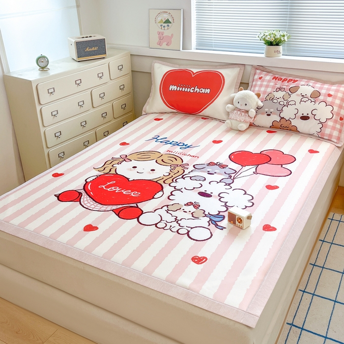 91家纺网 家纺一手货源 找家纺 博雅 2025新款miiiiichan正版权A类大版数码印花1200D冰丝凉席席子 可爱莉莉