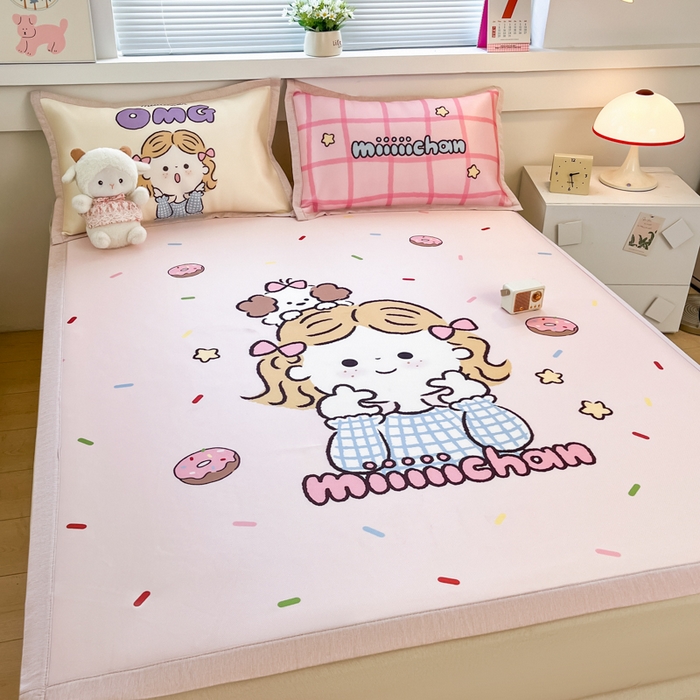 91家纺网 家纺一手货源 找家纺 博雅 2025新款miiiiichan正版权A类大版数码印花1200D冰丝凉席席子 甜甜圈女孩