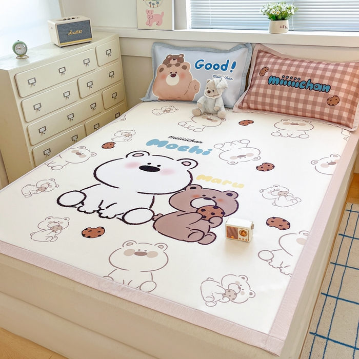 91家纺网 家纺一手货源 找家纺 博雅 2025新款miiiiichan正版权A类大版数码印花1200D冰丝凉席席子 贪吃熊