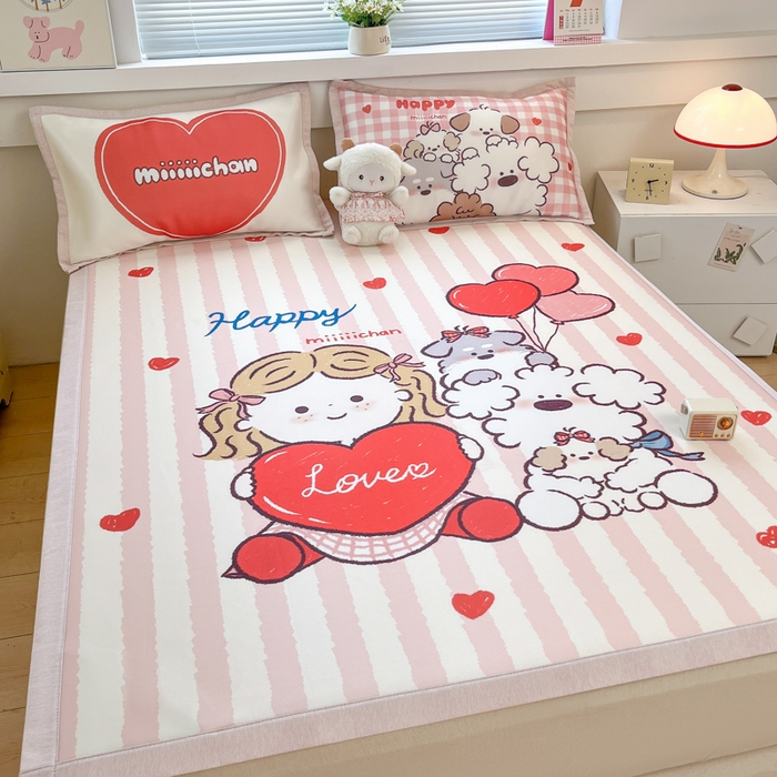 91家纺网 家纺一手货源 找家纺 博雅 2025新款miiiiichan正版权A类大版数码印花1200D冰丝凉席席子 可爱莉莉