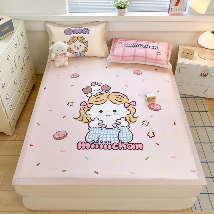 91家纺网 家纺一手货源 找家纺 博雅 2025新款miiiiichan正版权A类大版数码印花1200D冰丝凉席席子 甜甜圈女孩