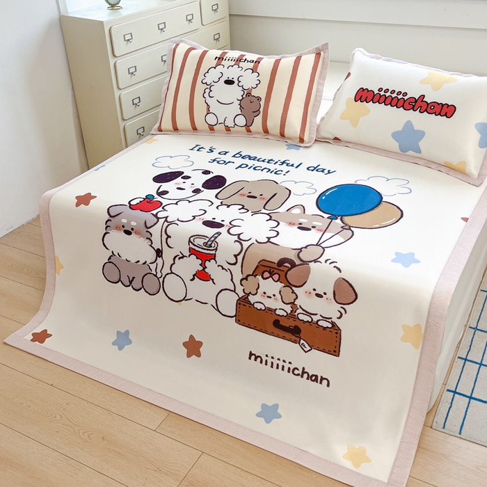 91家纺网 家纺一手货源 找家纺 博雅 2025新款miiiiichan正版权A类大版数码印花1200D冰丝凉席席子 星愿小狗