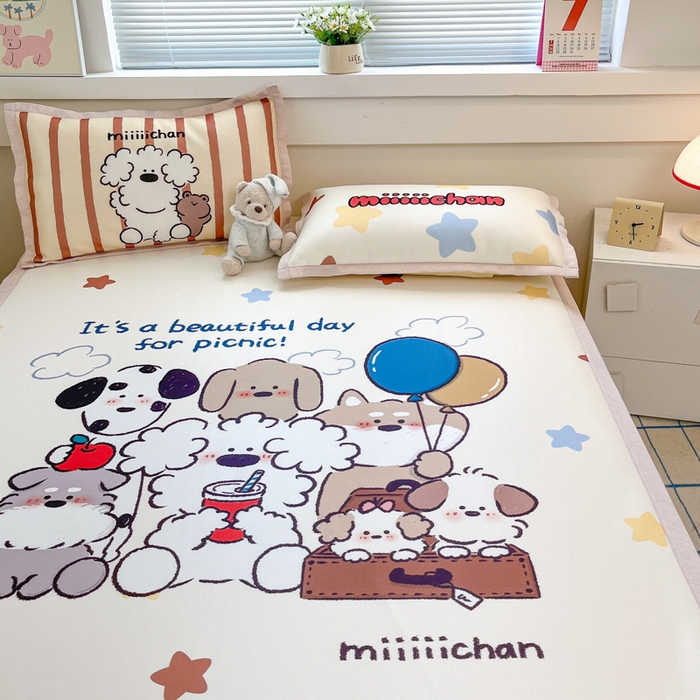 91家纺网 家纺一手货源 找家纺 博雅 2025新款miiiiichan正版权A类大版数码印花1200D冰丝凉席席子 星愿小狗