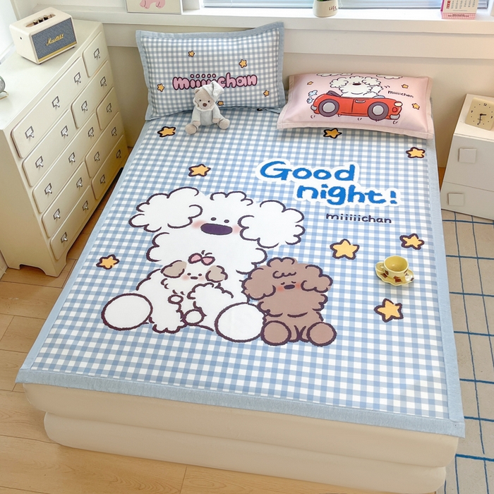 91家纺网 家纺一手货源 找家纺 博雅 2025新款miiiiichan正版权A类大版数码印花1200D冰丝凉席席子 俏皮小狗