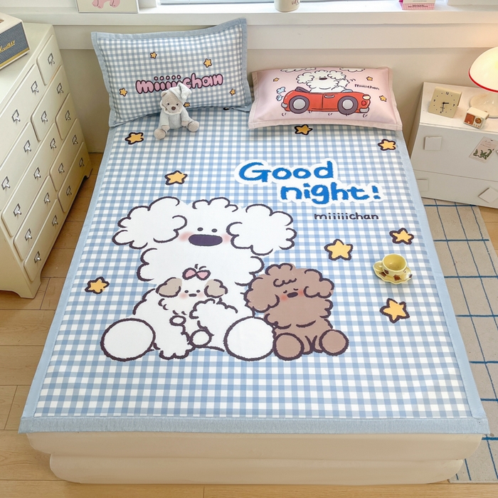 91家纺网 家纺一手货源 找家纺 博雅 2025新款miiiiichan正版权A类大版数码印花1200D冰丝凉席席子 俏皮小狗