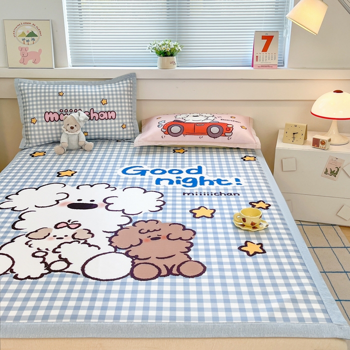 91家纺网 家纺一手货源 找家纺 博雅 2025新款miiiiichan正版权A类大版数码印花1200D冰丝凉席席子 俏皮小狗