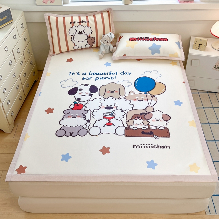 91家纺网 家纺一手货源 找家纺 博雅 2025新款miiiiichan正版权A类大版数码印花1200D冰丝凉席席子 星愿小狗