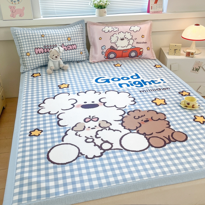 91家纺网 家纺一手货源 找家纺 博雅 2025新款miiiiichan正版权A类大版数码印花1200D冰丝凉席席子 俏皮小狗