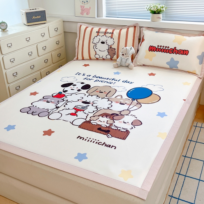 91家纺网 家纺一手货源 找家纺 博雅 2025新款miiiiichan正版权A类大版数码印花1200D冰丝凉席席子 星愿小狗