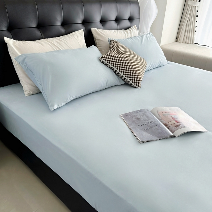 91家纺网 家纺一手货源 找家纺 兜米家居 2025新款亚朵星球同款简约纯色全棉床笠床罩＋枕套 静湖蓝