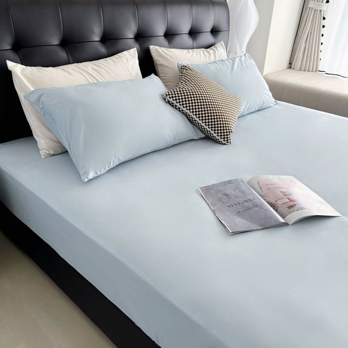 91家纺网 家纺一手货源 找家纺 兜米家居 2025新款亚朵星球同款简约纯色全棉床笠床罩＋枕套 静湖蓝