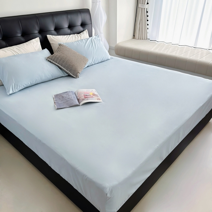 91家纺网 家纺一手货源 找家纺 兜米家居 2025新款亚朵星球同款简约纯色全棉床笠床罩＋枕套 静湖蓝