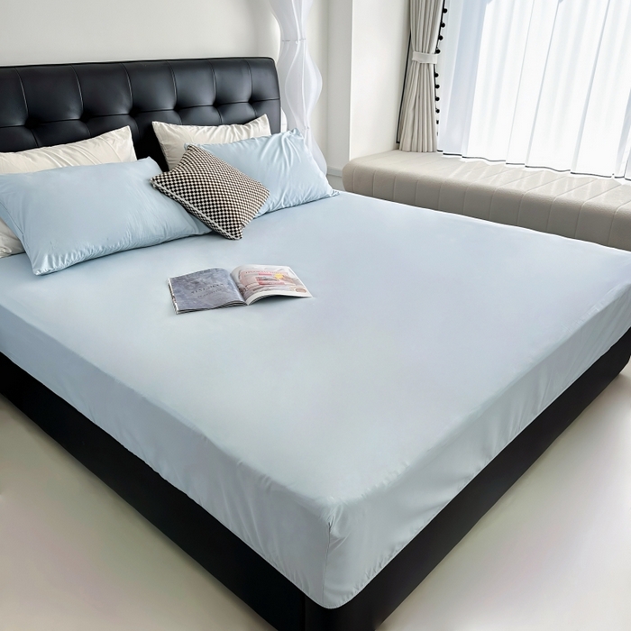 91家纺网 家纺一手货源 找家纺 兜米家居 2025新款亚朵星球同款简约纯色全棉床笠床罩＋枕套 静湖蓝