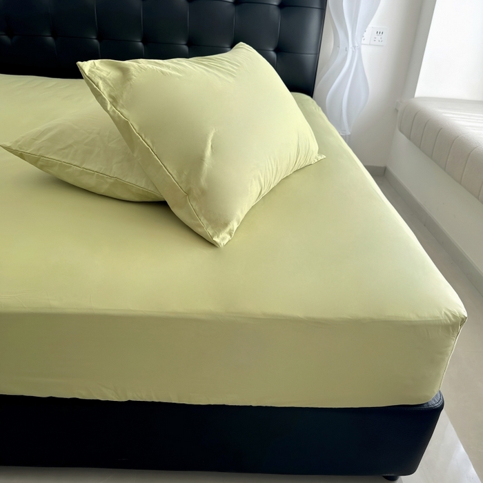 91家纺网 家纺一手货源 找家纺 兜米家居 2025新款亚朵星球同款简约纯色全棉床笠床罩＋枕套 山野绿