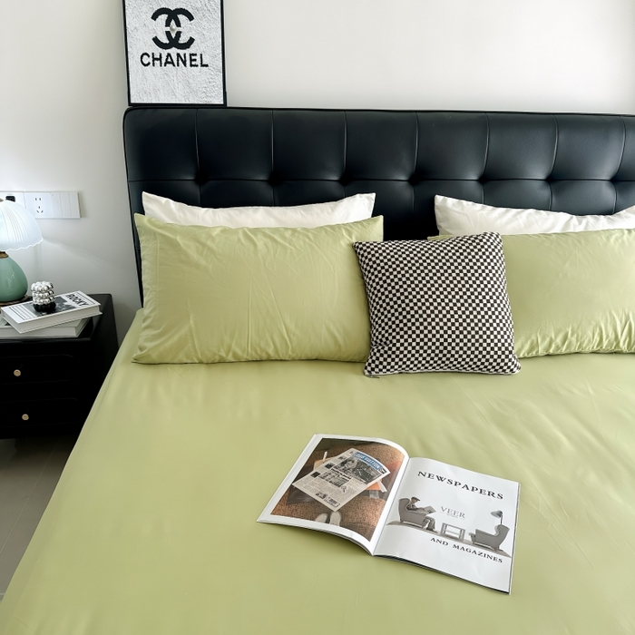 91家纺网 家纺一手货源 找家纺 兜米家居 2025新款亚朵星球同款简约纯色全棉床笠床罩＋枕套 山野绿