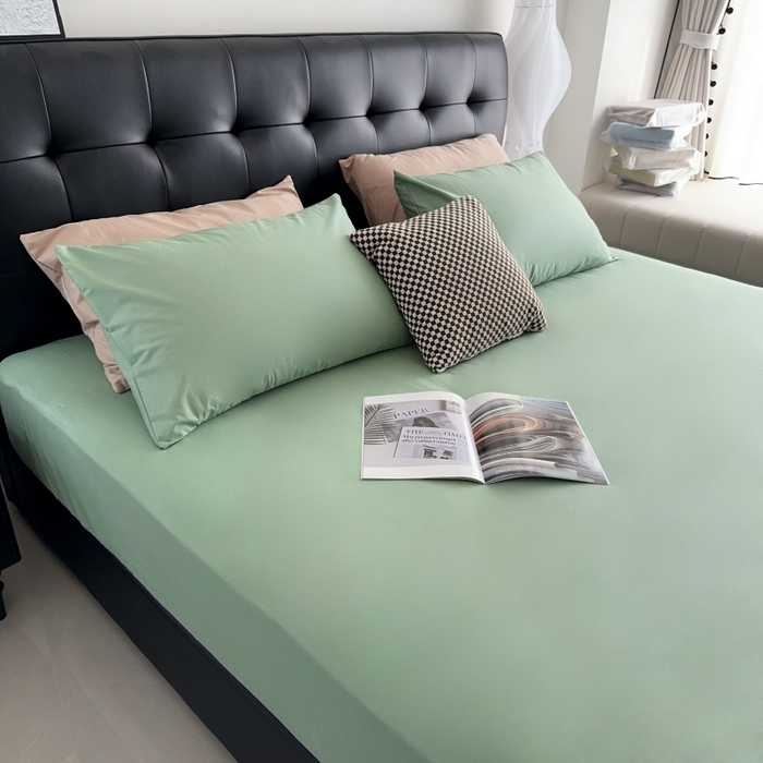 91家纺网 家纺一手货源 找家纺 兜米家居 2025新款亚朵星球同款简约纯色全棉床笠床罩＋枕套 松林绿