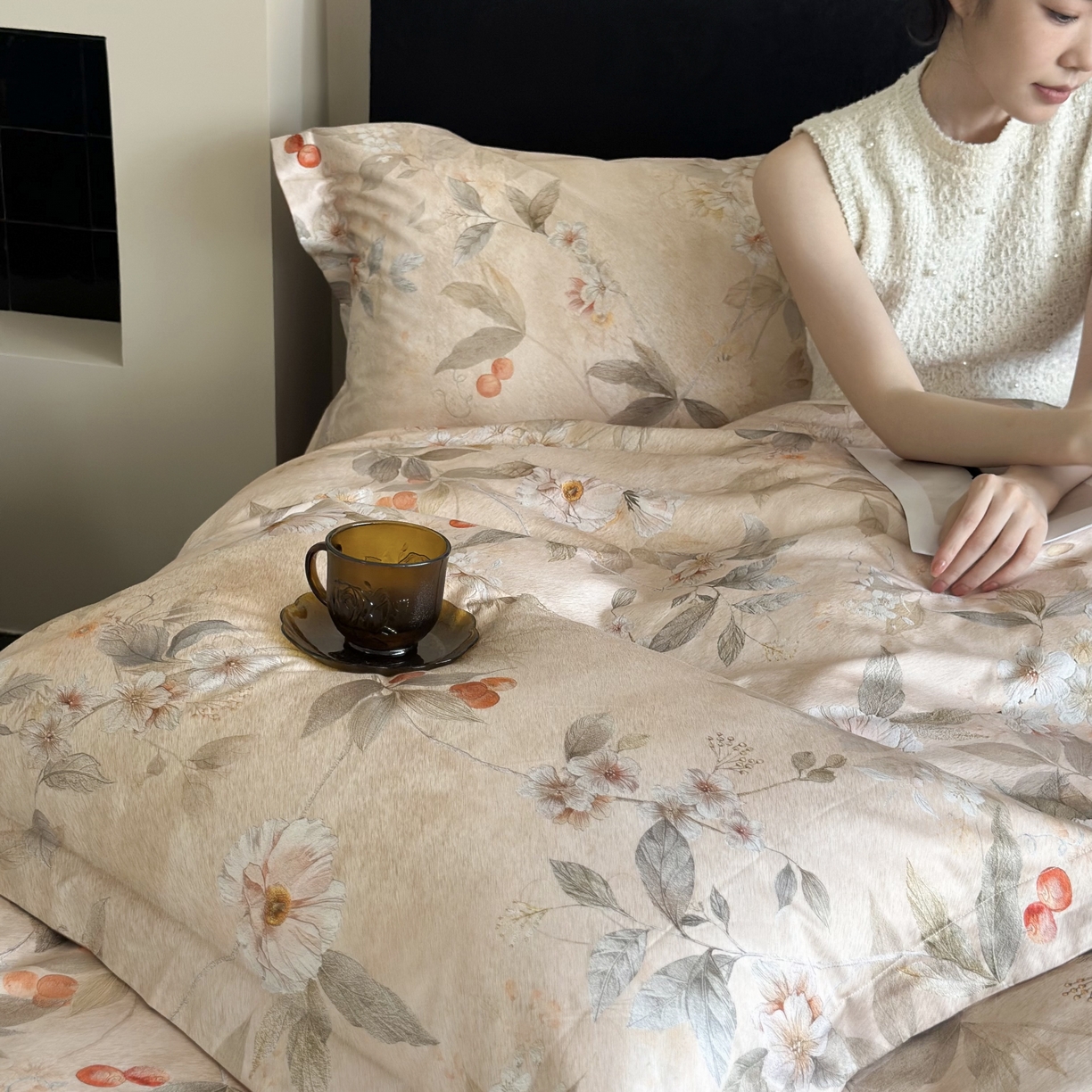 鹿班家居 2025新款60S莱赛尔数码印花四件套-细雨润青（标准会员-20） 细雨润青-橘色