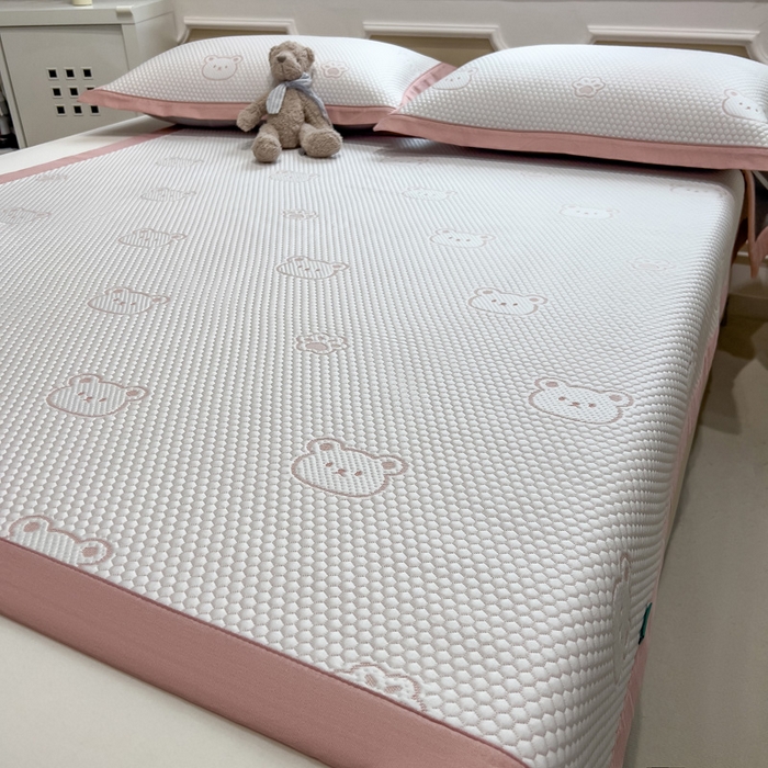 91家纺网 家纺一手货源 找家纺 席世家 2025春夏新款冰豆豆花卉卡通凉席席子 床笠款-小熊-粉