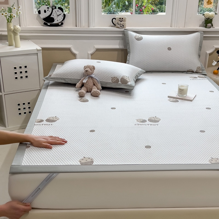 91家纺网 家纺一手货源 找家纺 席世家 2025春夏新款冰豆豆花卉卡通凉席席子 床笠款-松果