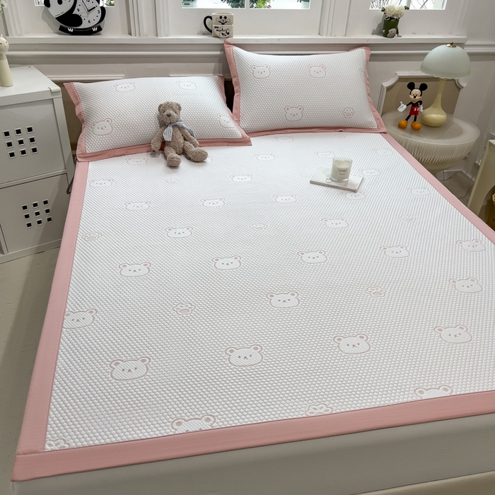 91家纺网 家纺一手货源 找家纺 席世家 2025春夏新款冰豆豆花卉卡通凉席席子 床笠款-小熊-粉