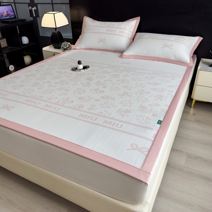 91家纺网 家纺一手货源 找家纺 席世家 2025春夏新款冰豆豆花卉卡通凉席席子 床笠款-缦莎-粉