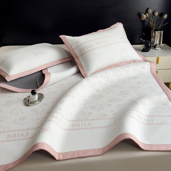 91家纺网 家纺一手货源 找家纺 席世家 2025春夏新款冰豆豆花卉卡通凉席席子 床笠款-缦莎-粉