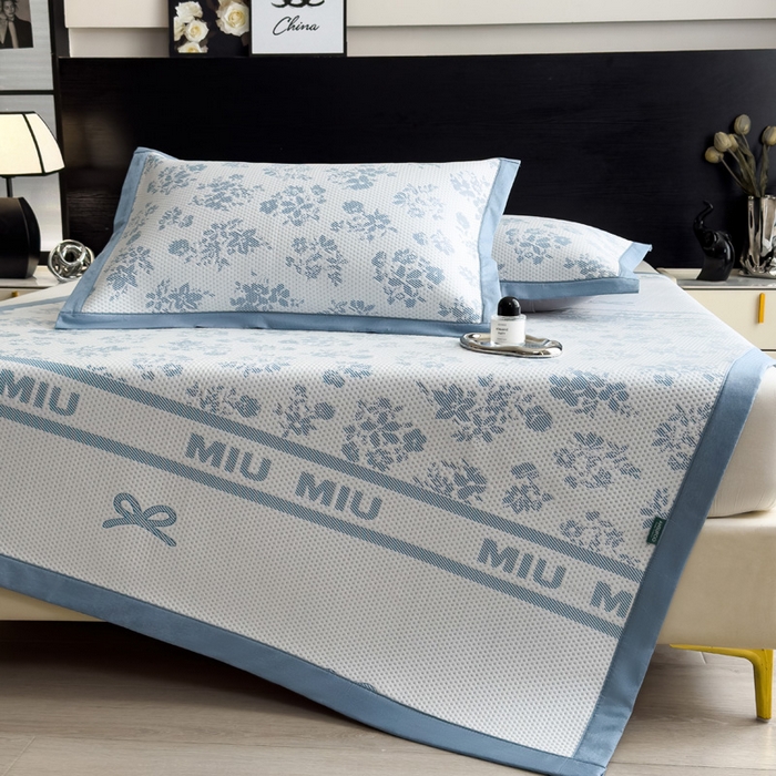 91家纺网 家纺一手货源 找家纺 席世家 2025春夏新款冰豆豆花卉卡通凉席席子 床笠款-缦莎-蓝