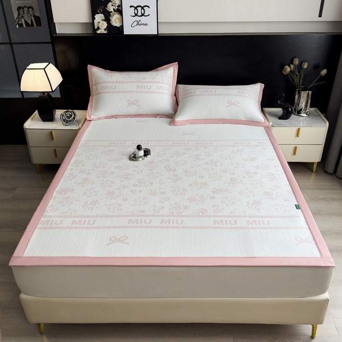 91家纺网 家纺一手货源 找家纺 席世家 2025春夏新款冰豆豆花卉卡通凉席席子 床笠款-缦莎-粉