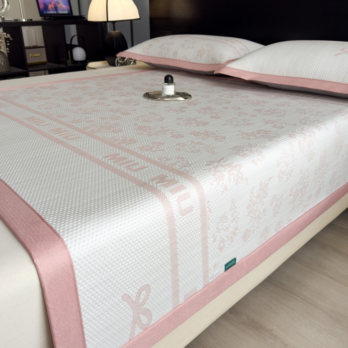 91家纺网 家纺一手货源 找家纺 席世家 2025春夏新款冰豆豆花卉卡通凉席席子 床笠款-缦莎-粉