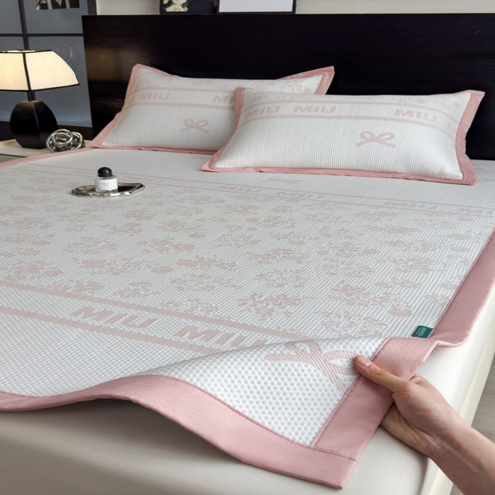 91家纺网 家纺一手货源 找家纺 席世家 2025春夏新款冰豆豆花卉卡通凉席席子 床笠款-缦莎-粉