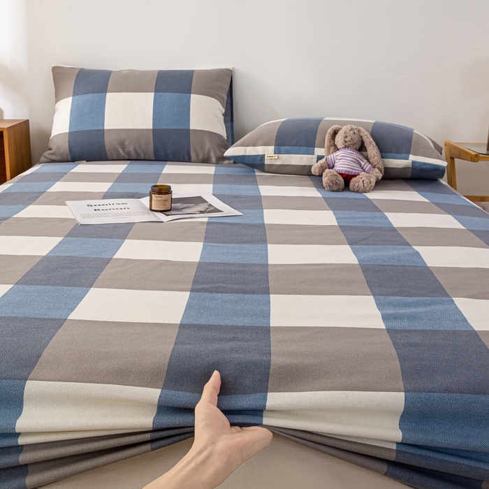 91家纺网 家纺一手货源 找家纺 米柳家纺 2025新款原棉老粗布印花床笠系列 蓝大格床笠款