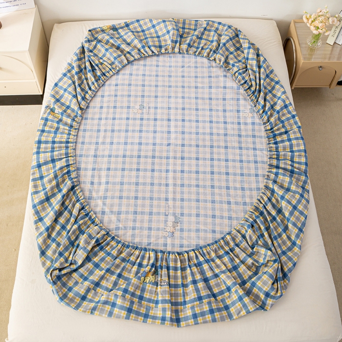 91家纺网 家纺一手货源 找家纺 米柳家纺 2025新款原棉老粗布印花床笠系列 格子兔床笠款