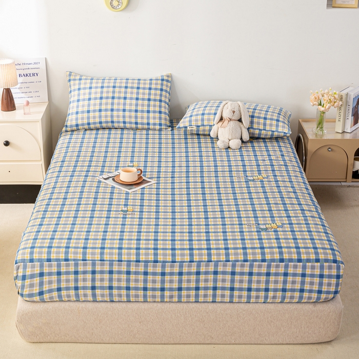 91家纺网 家纺一手货源 找家纺 米柳家纺 2025新款原棉老粗布印花床笠系列 格子兔床笠款