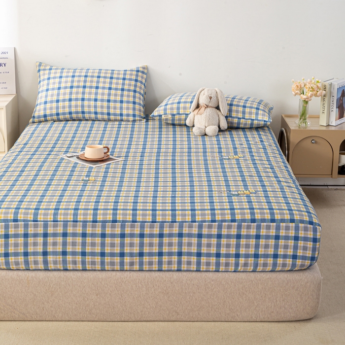 91家纺网 家纺一手货源 找家纺 米柳家纺 2025新款原棉老粗布印花床笠系列 格子兔床笠款