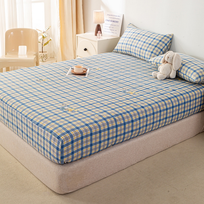 91家纺网 家纺一手货源 找家纺 米柳家纺 2025新款原棉老粗布印花床笠系列 格子兔床笠款