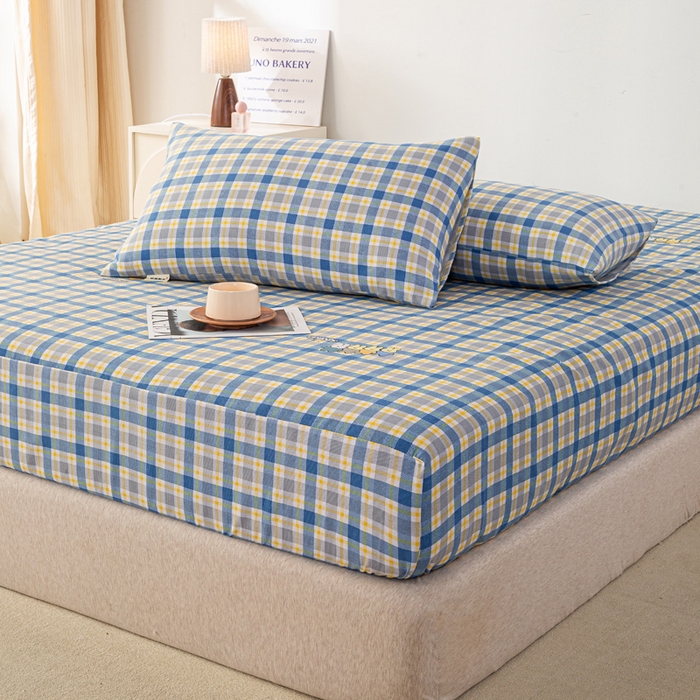 91家纺网 家纺一手货源 找家纺 米柳家纺 2025新款原棉老粗布印花床笠系列 格子兔床笠款