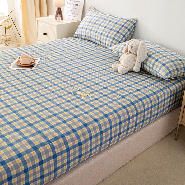 91家纺网 家纺一手货源 找家纺 米柳家纺 2025新款原棉老粗布印花床笠系列 格子兔床笠款