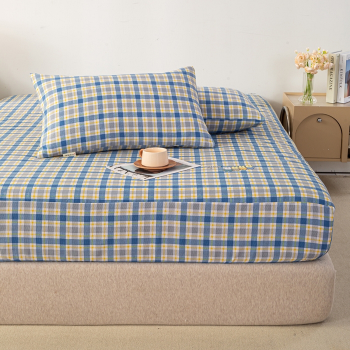 91家纺网 家纺一手货源 找家纺 米柳家纺 2025新款原棉老粗布印花床笠系列 格子兔床笠款