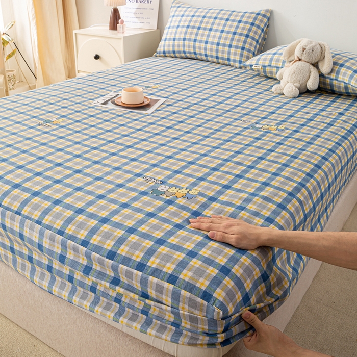 91家纺网 家纺一手货源 找家纺 米柳家纺 2025新款原棉老粗布印花床笠系列 格子兔床笠款