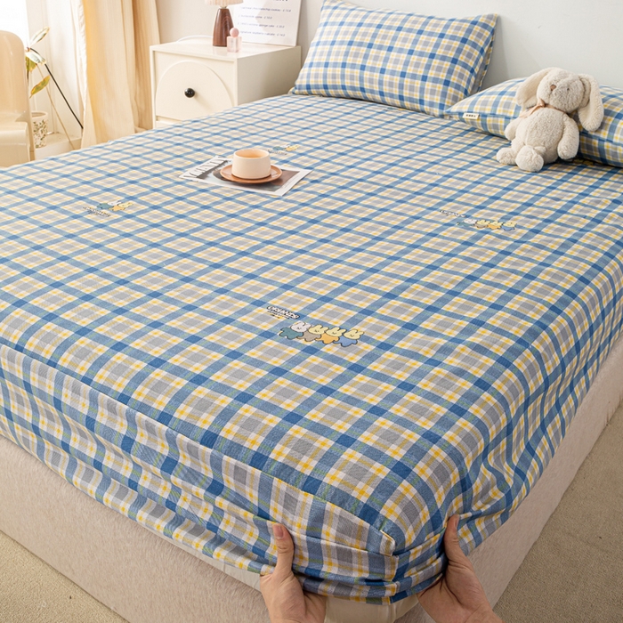 91家纺网 家纺一手货源 找家纺 米柳家纺 2025新款原棉老粗布印花床笠系列 格子兔床笠款