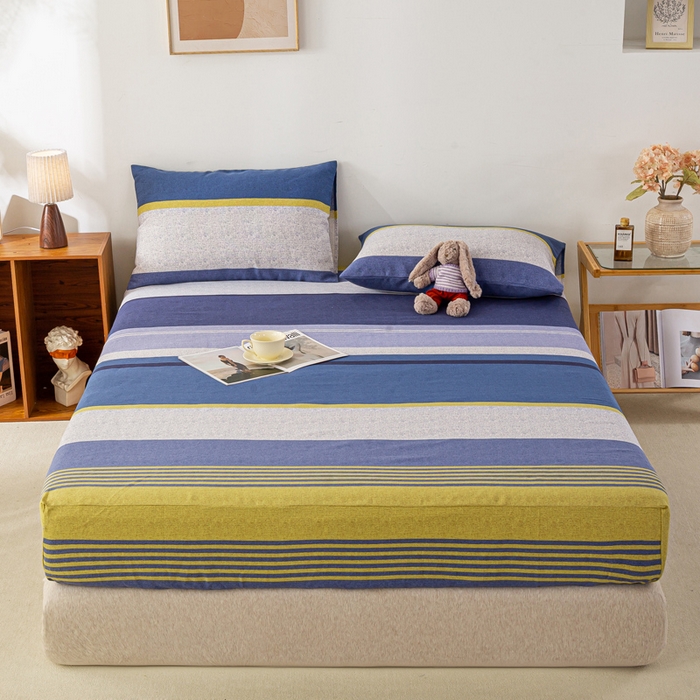 91家纺网 家纺一手货源 找家纺 米柳家纺 2025新款原棉老粗布印花床笠系列 经典条纹床笠款