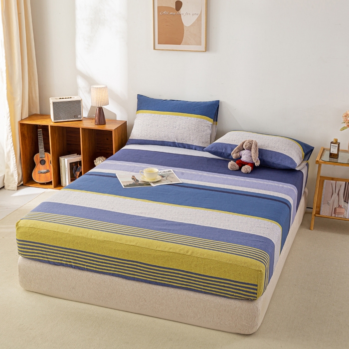 91家纺网 家纺一手货源 找家纺 米柳家纺 2025新款原棉老粗布印花床笠系列 经典条纹床笠款