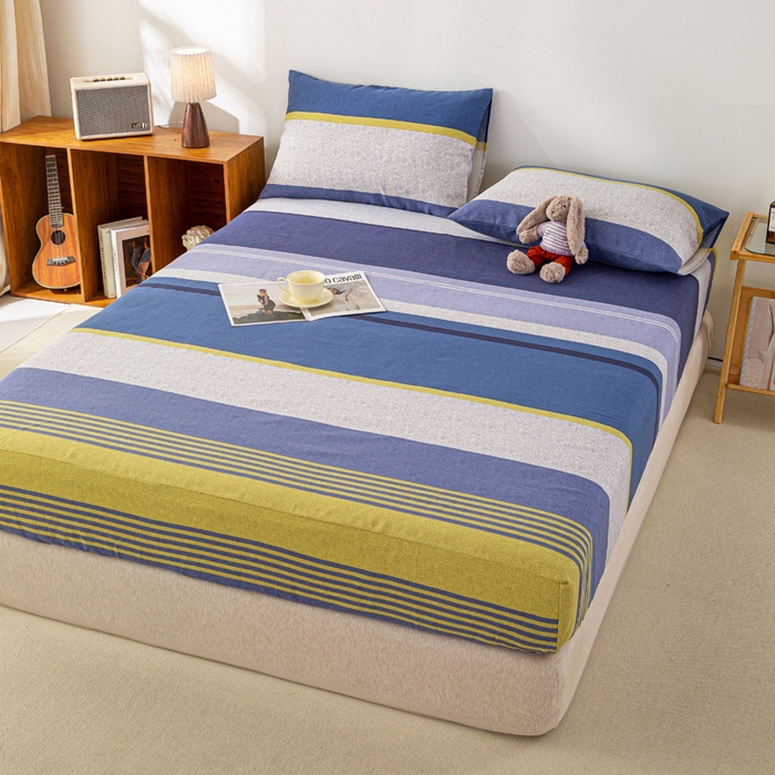 91家纺网 家纺一手货源 找家纺 米柳家纺 2025新款原棉老粗布印花床笠系列 经典条纹床笠款