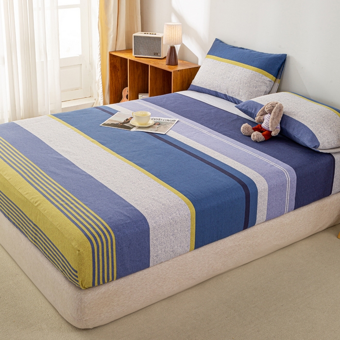 91家纺网 家纺一手货源 找家纺 米柳家纺 2025新款原棉老粗布印花床笠系列 经典条纹床笠款